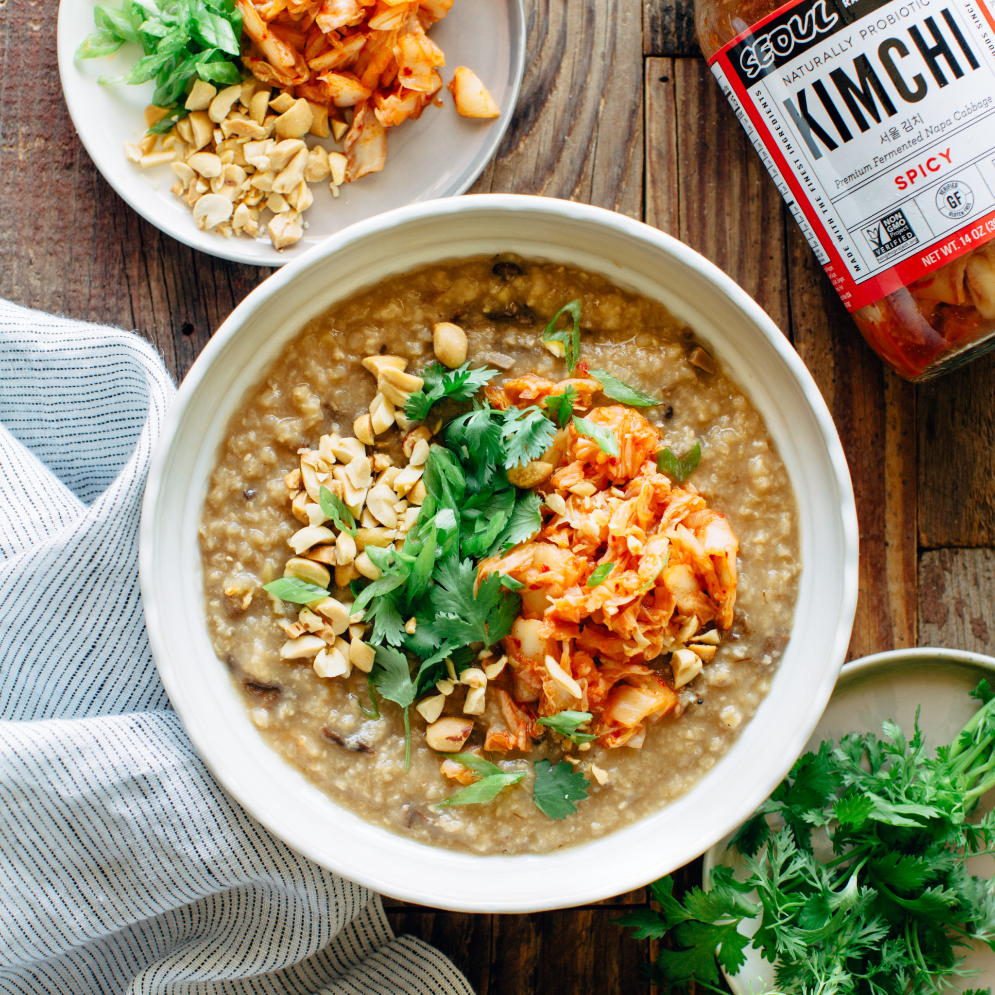 Mushroom Jook with Kimchi, Herbs and Roasted Peanuts – Lucky Foods